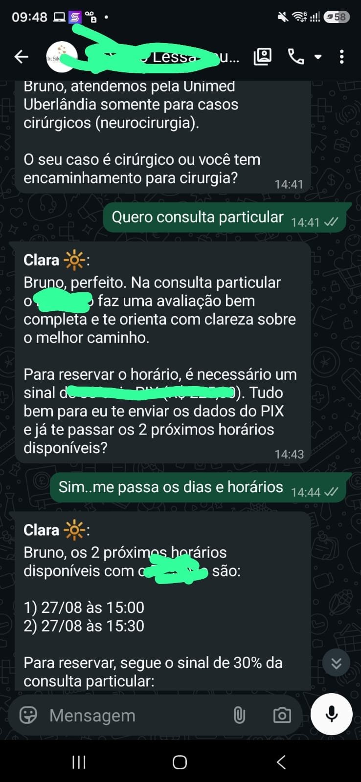 Conversa real da IA de Vendas da DocOn agendando uma consulta particular pelo WhatsApp